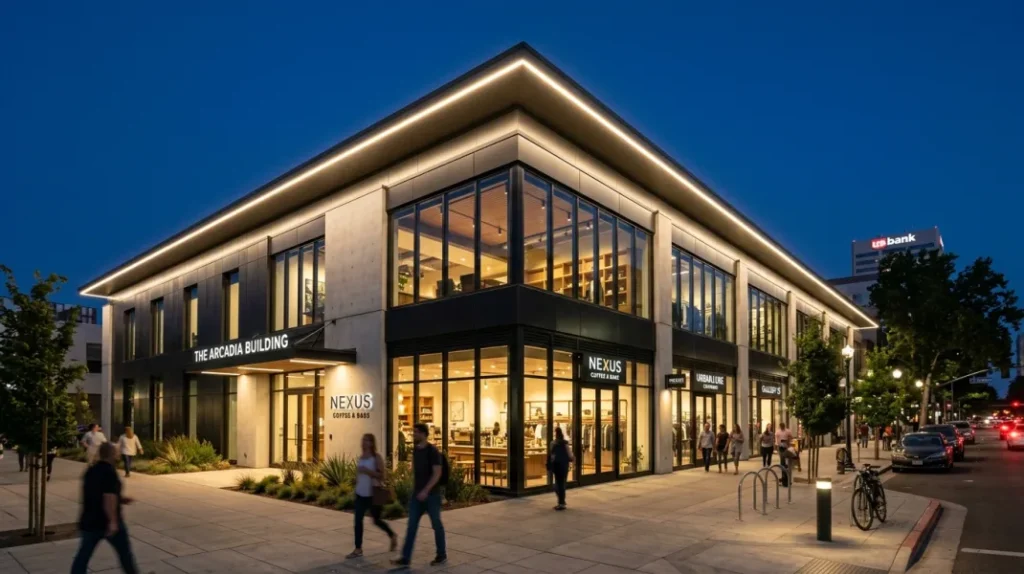 Finished commercial retail building in Sacramento illuminated by clean seamless LED parapet lighting along the upper roofline