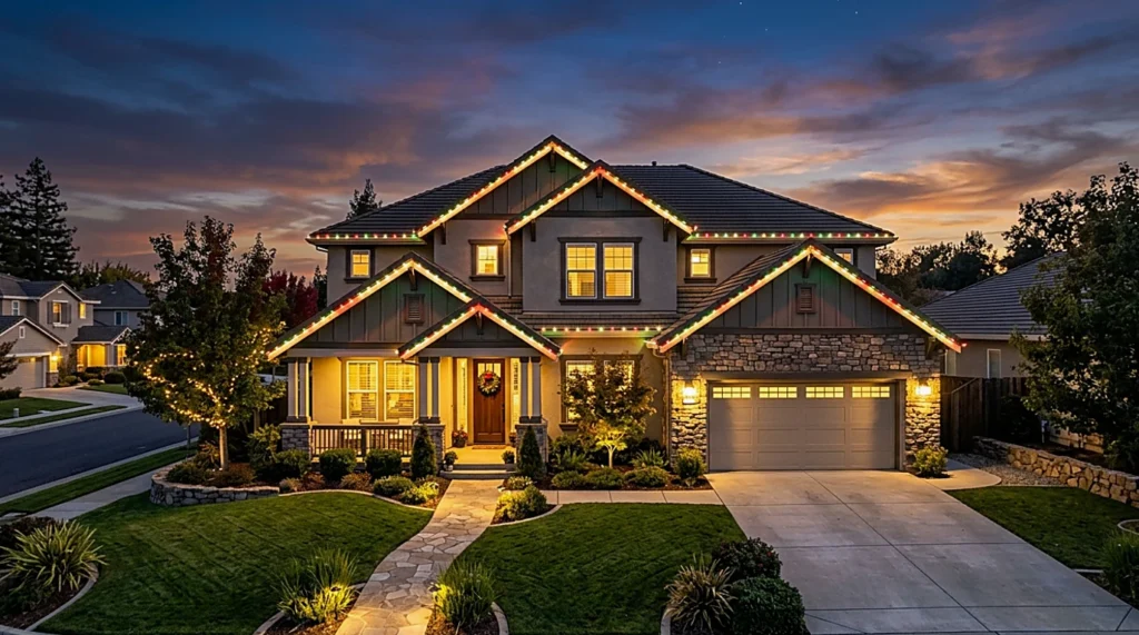 Two-story Sacramento home illuminated with permanent LED holiday roofline lights along eaves and gables at dusk