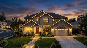 Two-story Sacramento home illuminated with permanent LED holiday roofline lights along eaves and gables at dusk