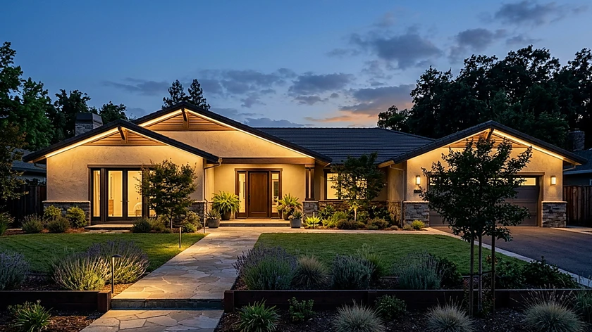 Sacramento single-story ranch home illuminated with 3000K warm white architectural permanent eave lighting at twilight
