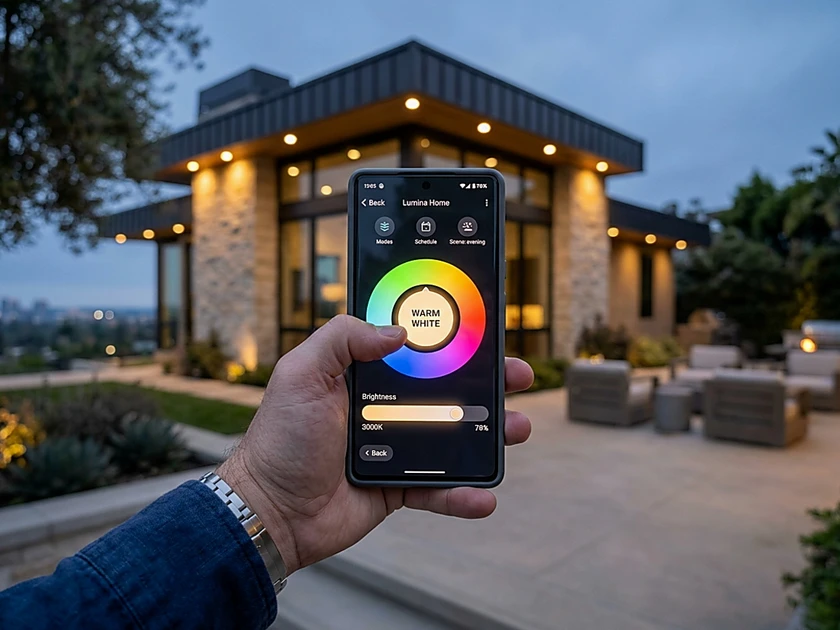 Homeowner holding smartphone controlling outdoor permanent LED lighting app with color wheel and warm white brightness slider

